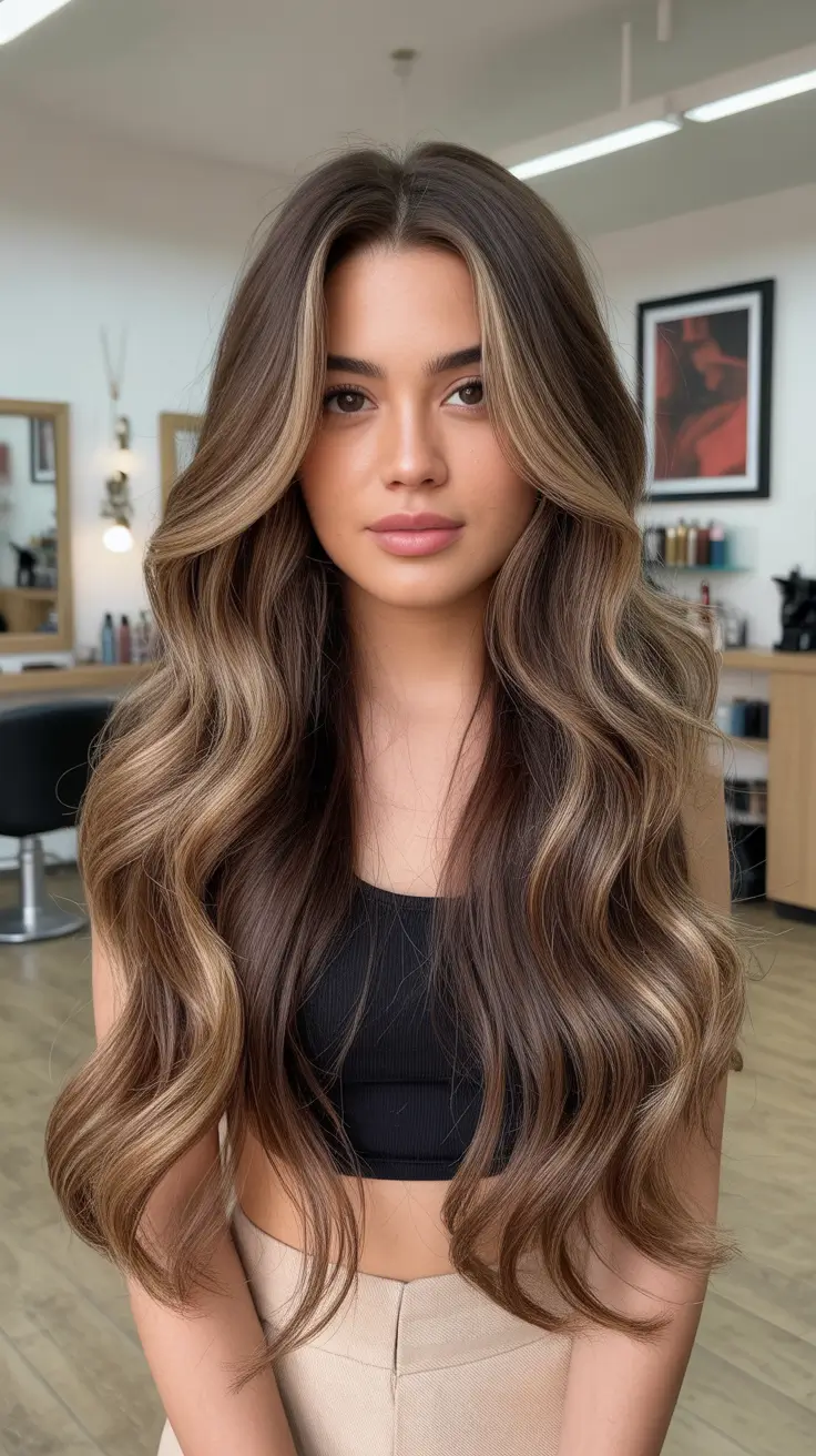 vibrant spring brown hair color 2026 Long Beige Brunette Waves with Luminous Balayage