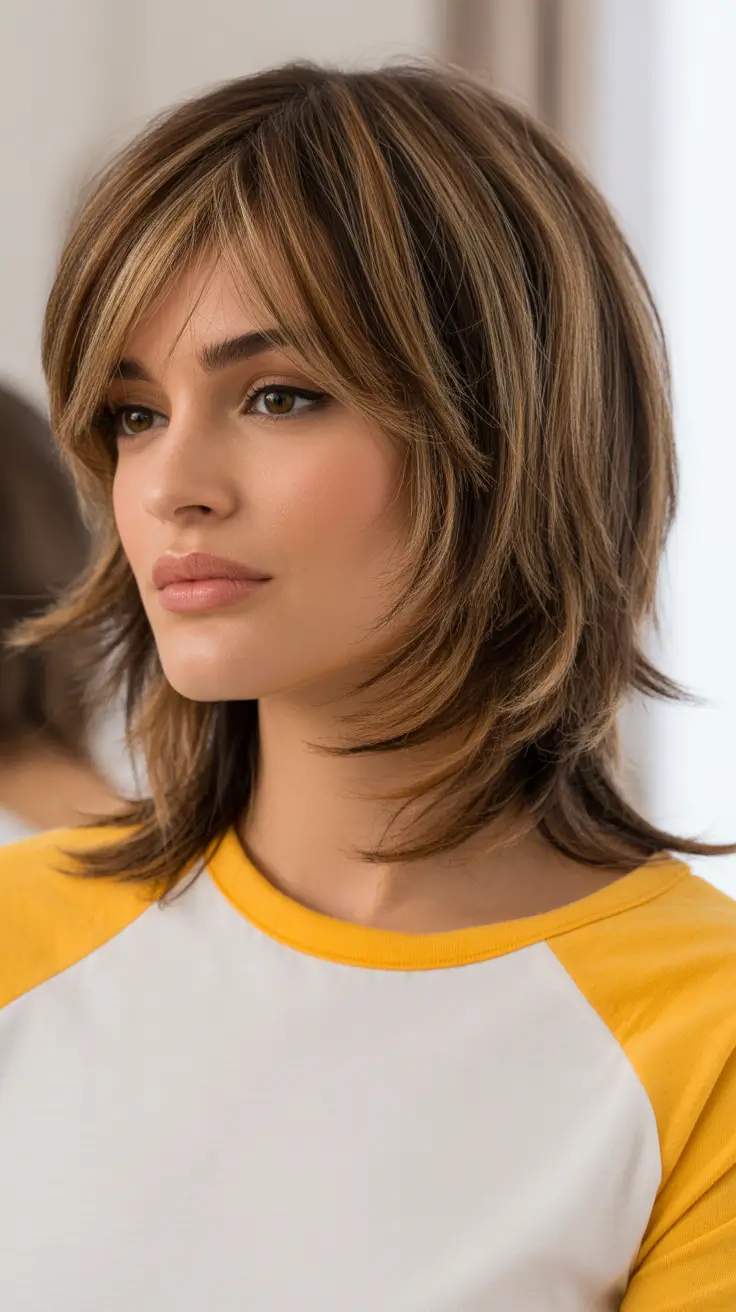 vibrant spring brown hair color 2026 Layered Caramel Brunette Shag with Dimensional Highlights