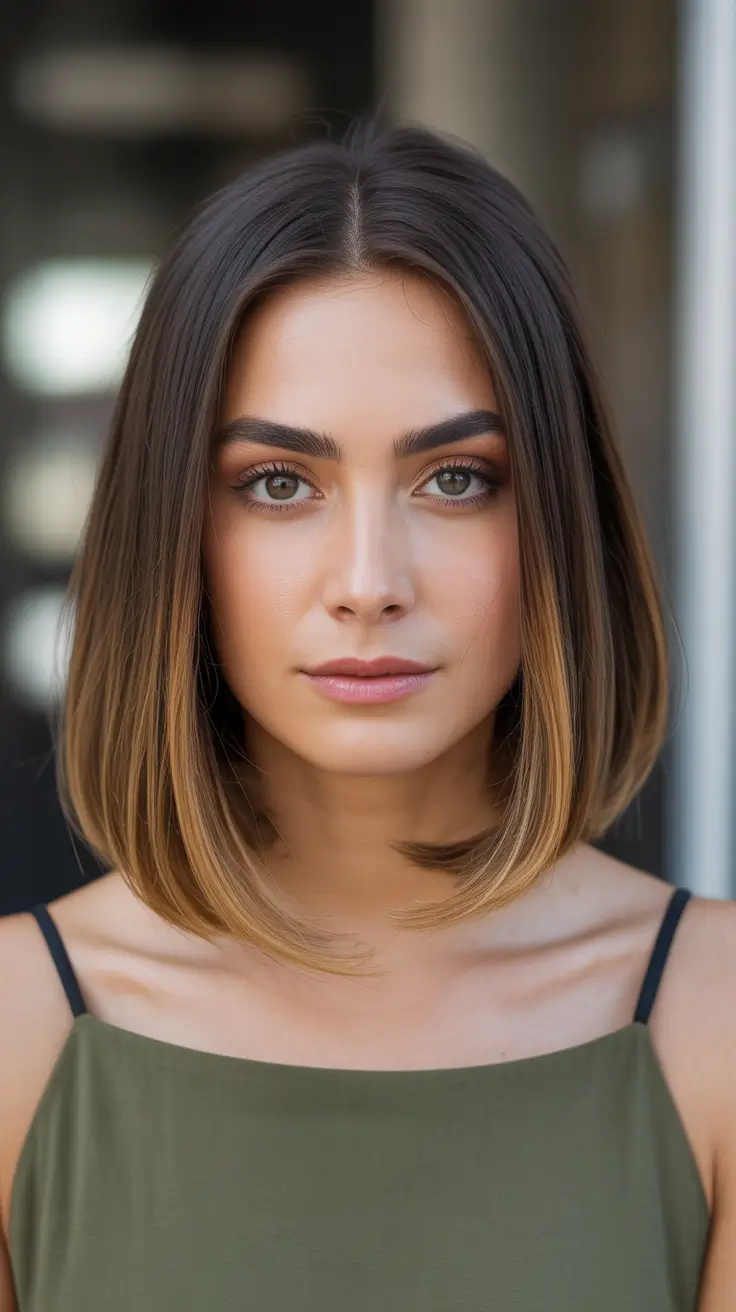 vibrant spring brown hair color 2026 Sleek Amber Melt Glass Lob