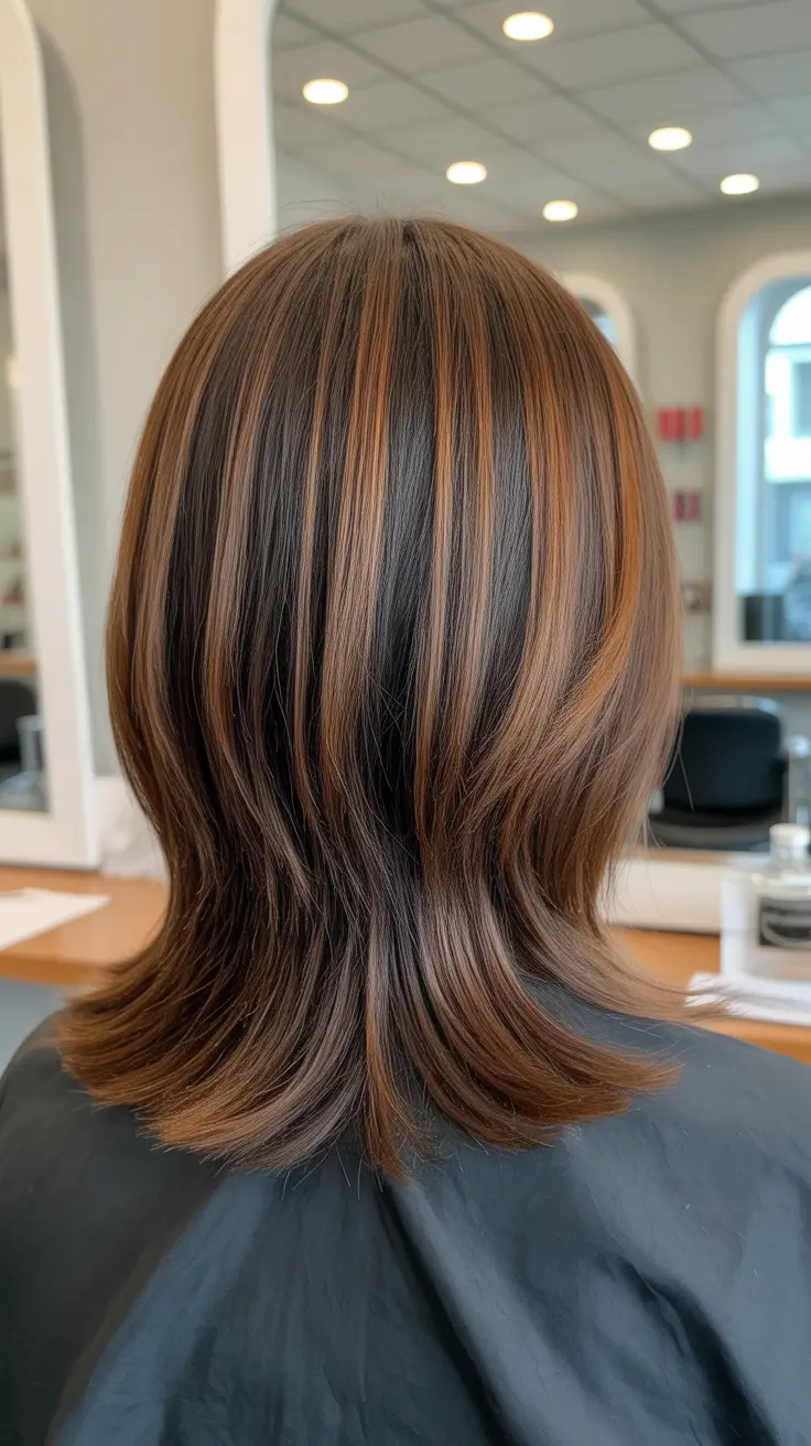 vibrant spring brown hair color 2026 Layered Brunette with Caramel Ribbon Highlights