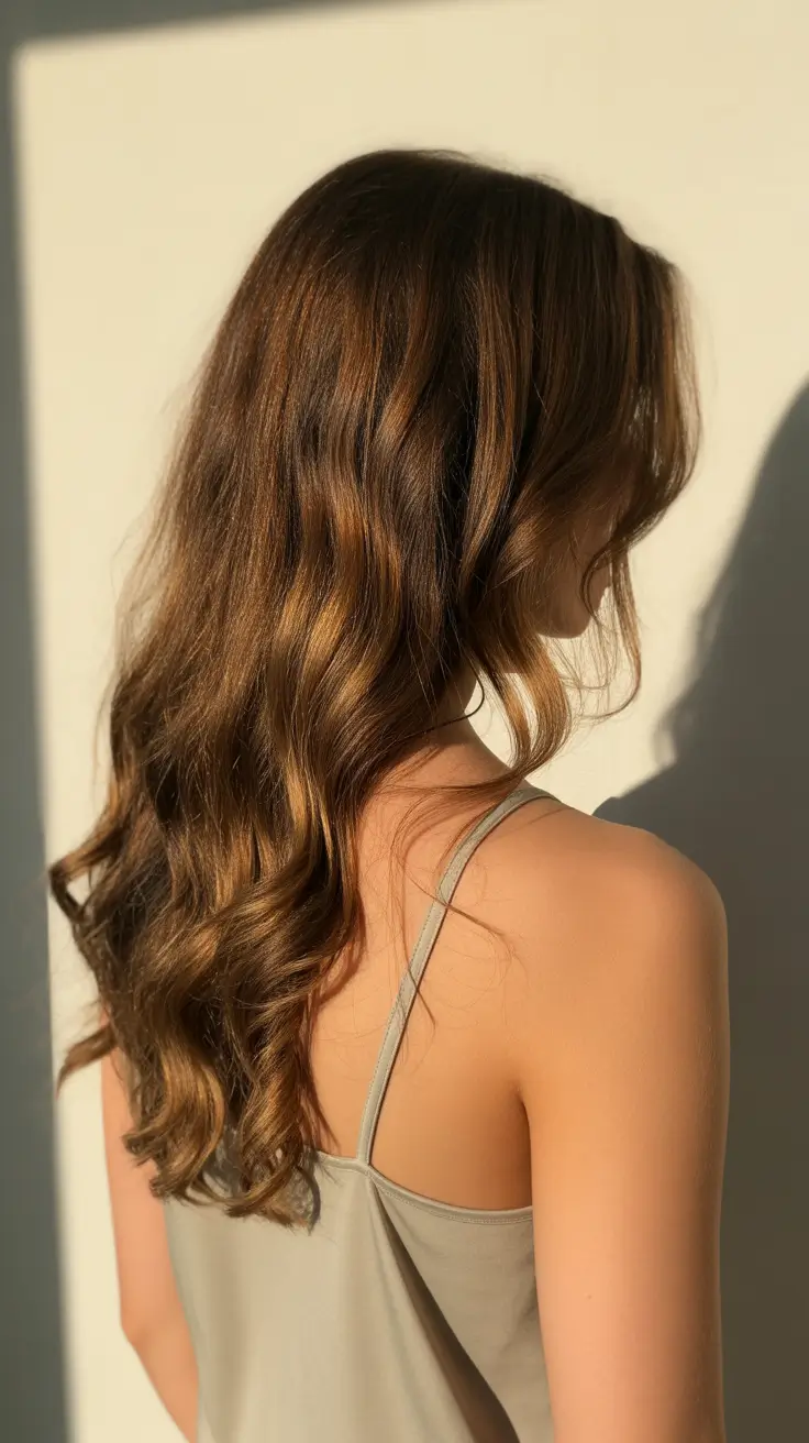 vibrant spring brown hair color 2026 Sunlit Honey Brunette Waves with Soft Glow