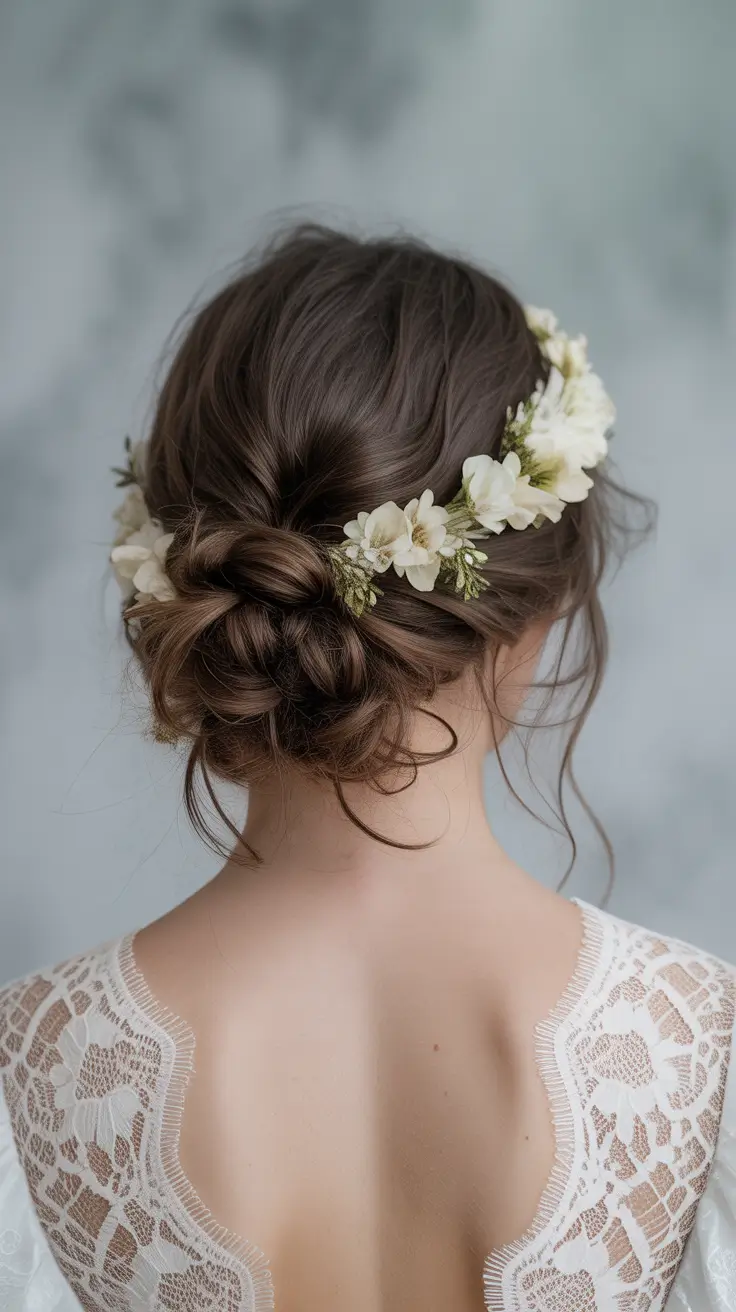 vintage spring wedding hairstyle 2026 Floral-Tucked Chignon for a Garden-Inspired Bride