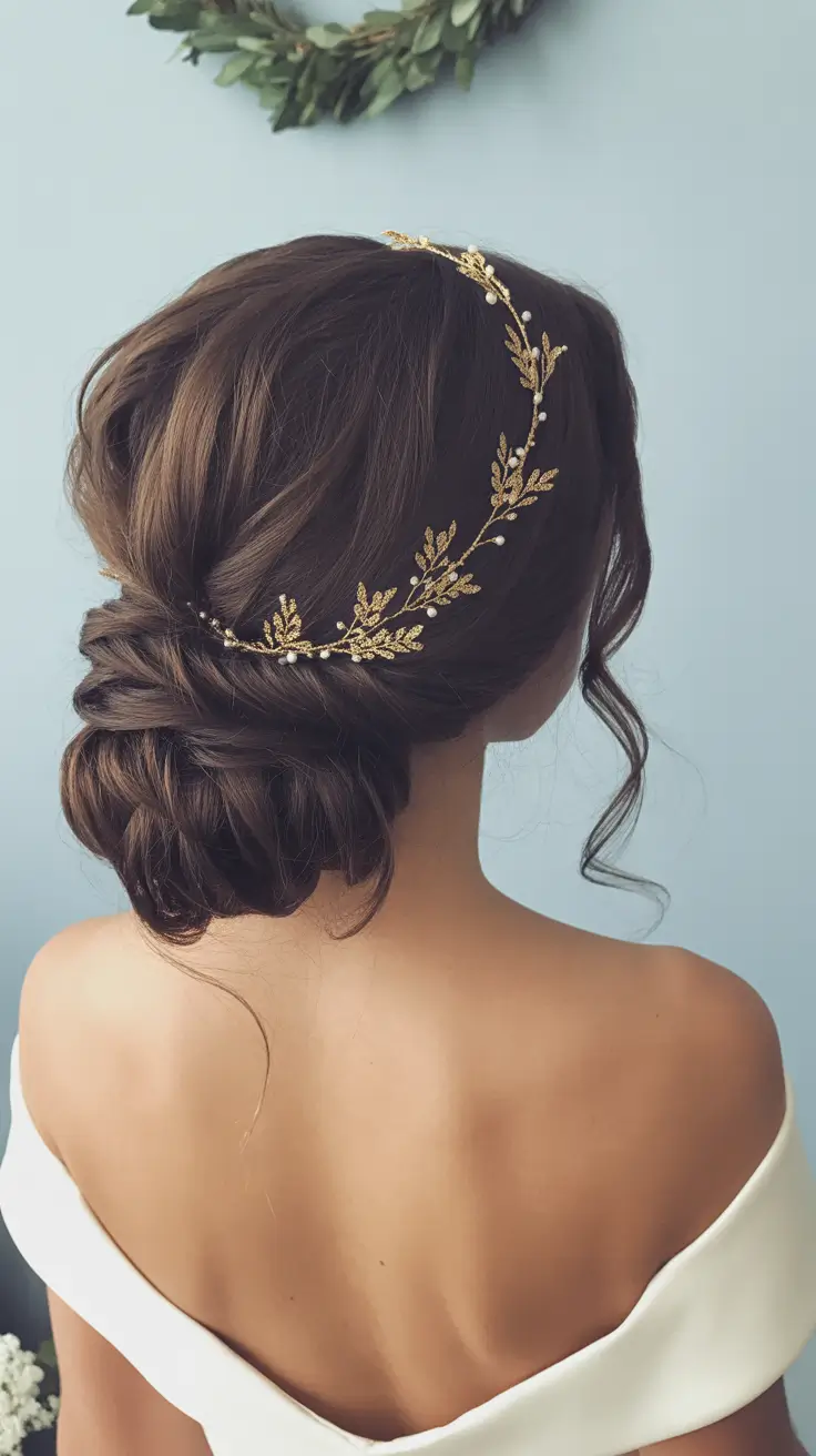 vintage spring wedding hairstyle 2026 Golden Laurel Chignon for a Regal Spring Bride