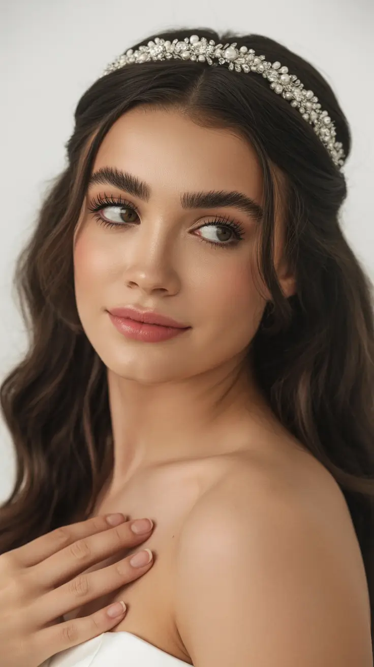 vintage spring wedding hairstyle 2026 Timeless Half-Up Waves with Pearl Detail