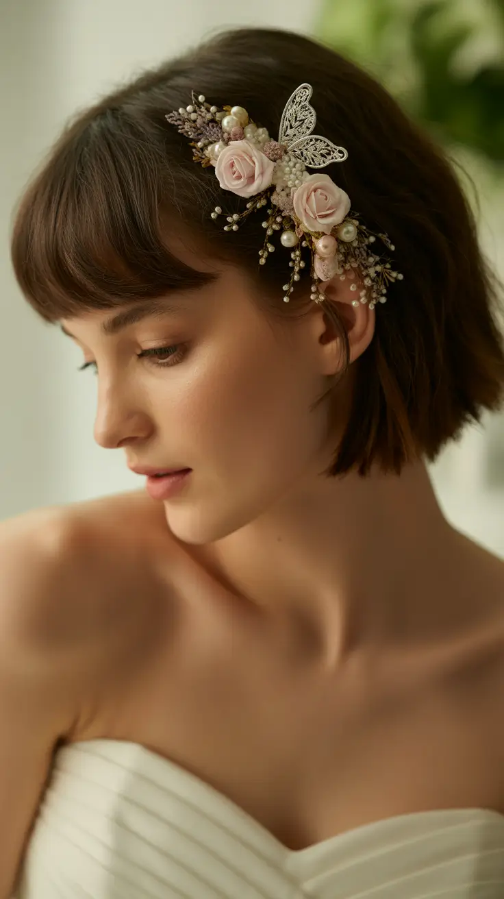 vintage spring wedding hairstyle 2026 Floral-Accented Pixie Bob for a Whimsical Bridal Mood
