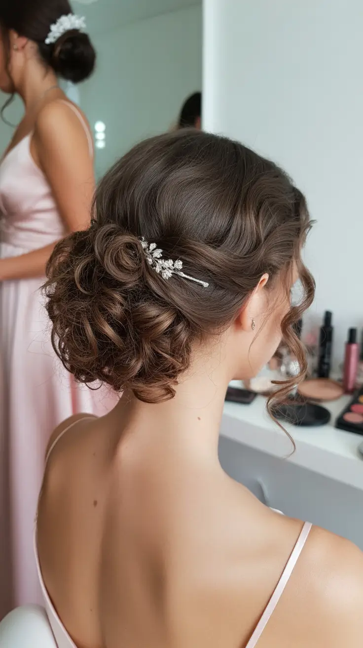 vintage spring wedding hairstyle 2026 Elegant Curled Bun for a Graceful Bridesmaid Moment