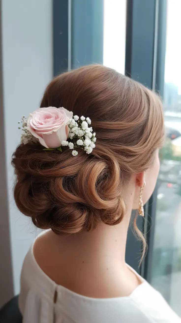 vintage spring wedding hairstyle 2026 Soft Rose-Inspired Updo for a Romantic Spring Bride