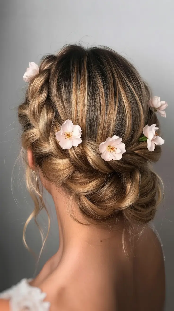 vintage spring wedding hairstyle 2026 Blossom-Wrapped Crown Braid for a Cottagecore Spring Aesthetic