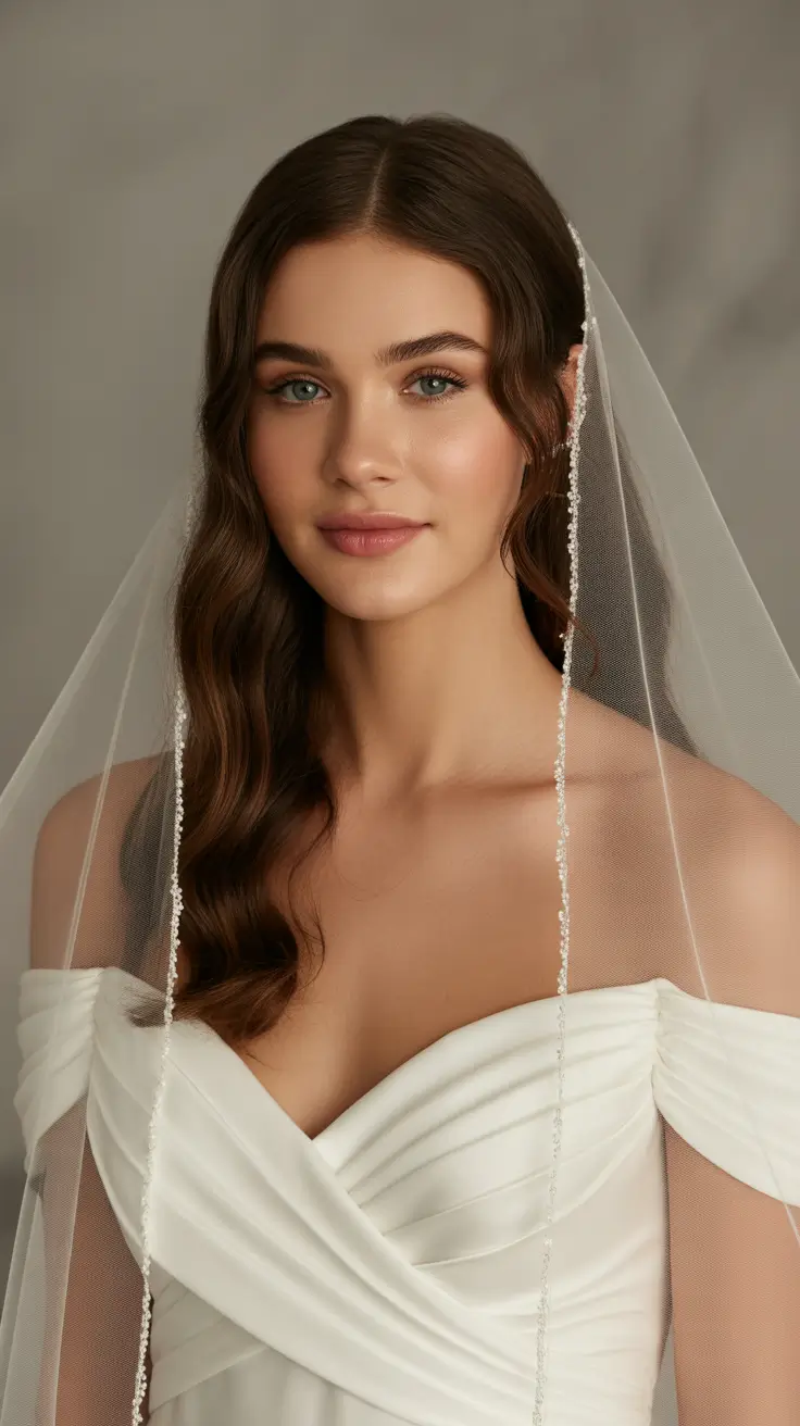 vintage spring wedding hairstyle 2026 Classic Waves with Dreamy Veil Detail