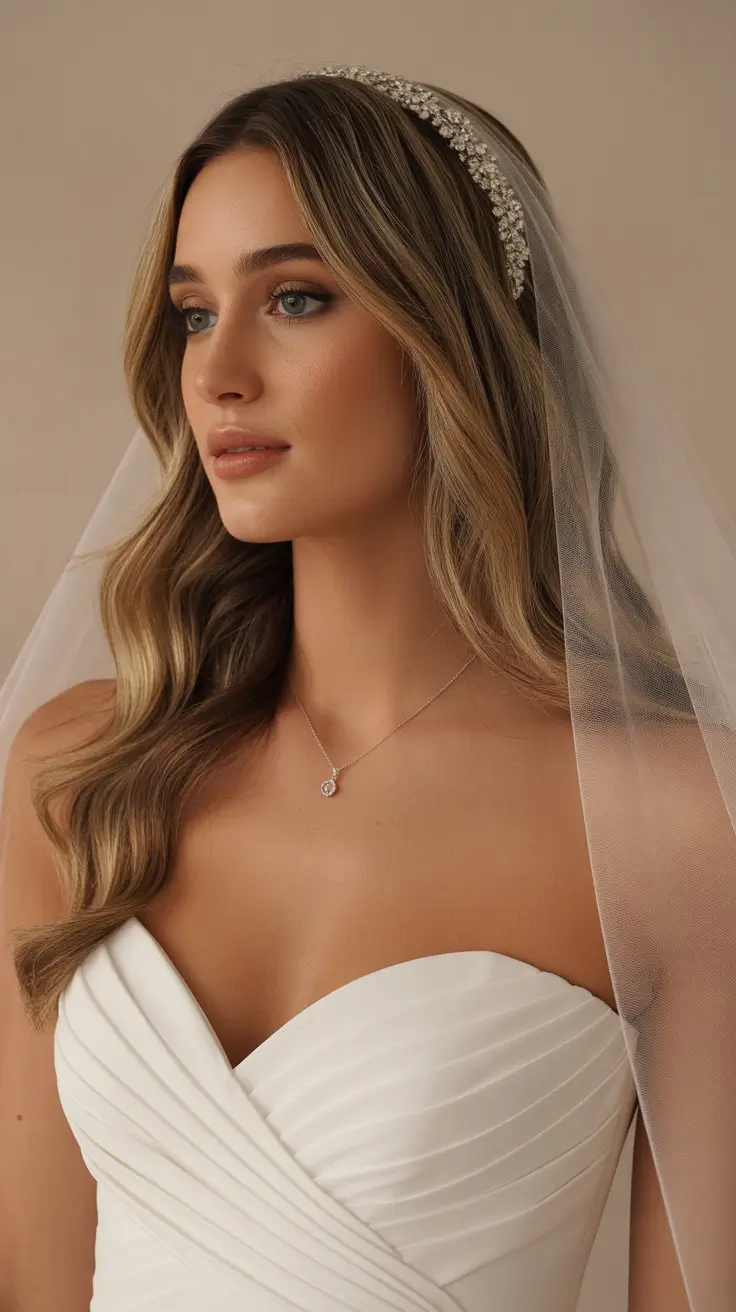 vintage spring wedding hairstyle 2026 Soft Golden Waves with a Vintage-Inspired Veil Moment