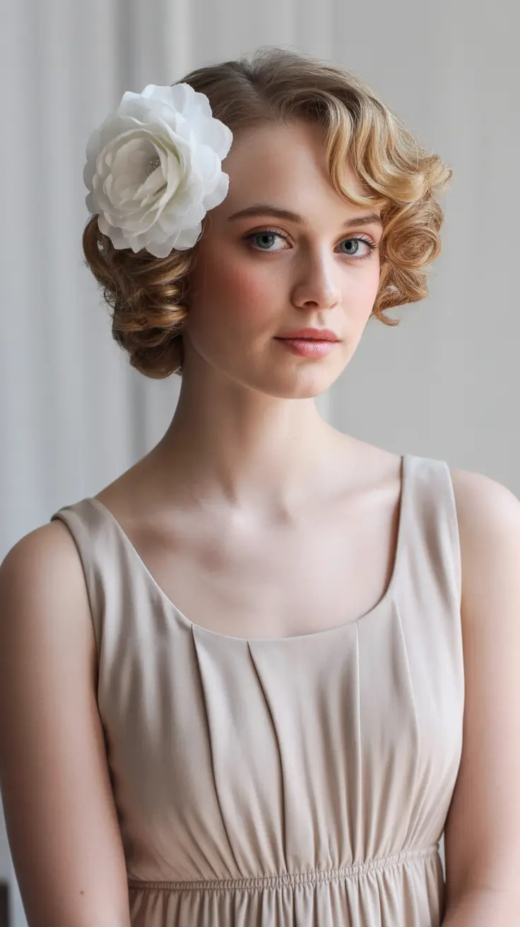 vintage spring wedding hairstyle 2026 Short Vintage Curls with a Statement Floral Accent