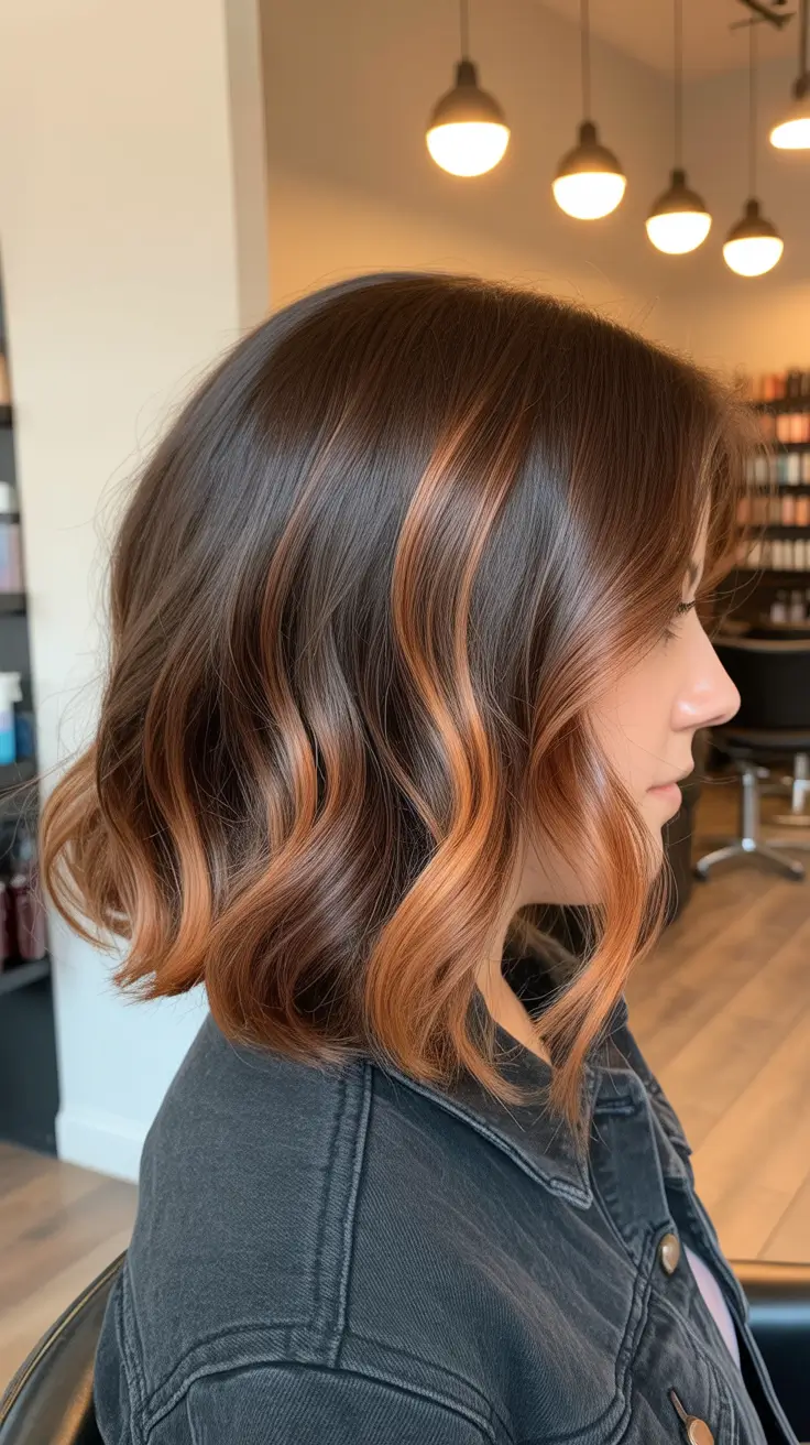 warm spring caramel hair color 2026 Apricot-Caramel Wavy Bob