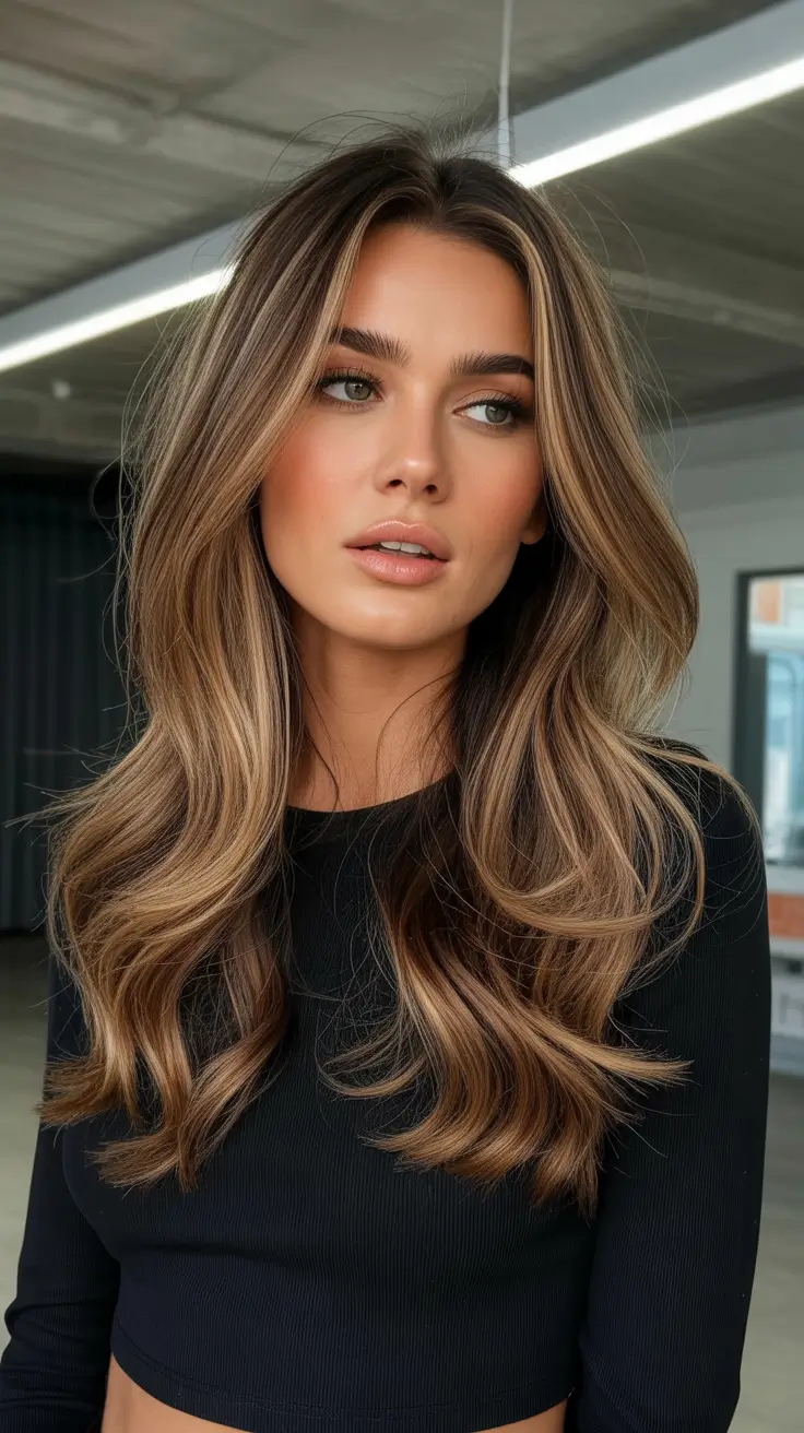 warm spring caramel hair color 2026 Honeyed Brunette Volume with Caramel Lowlights