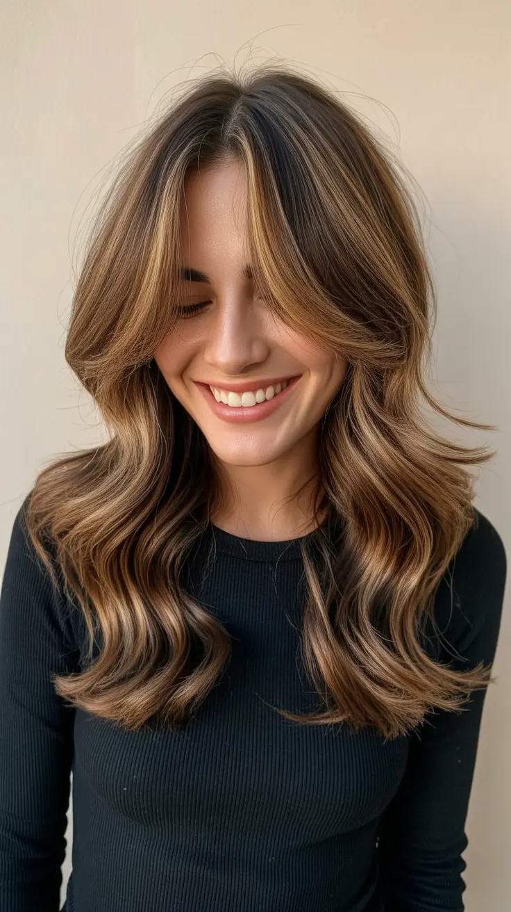 warm spring caramel hair color 2026 Sunlit Caramel Waves with Curtain Movement