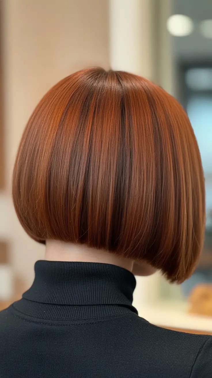 warm spring caramel hair color 2026 Polished Auburn-Caramel Precision Bob