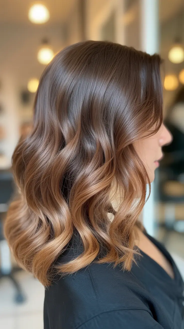 warm spring caramel hair color 2026 Chocolate-Toffee Medium Waves