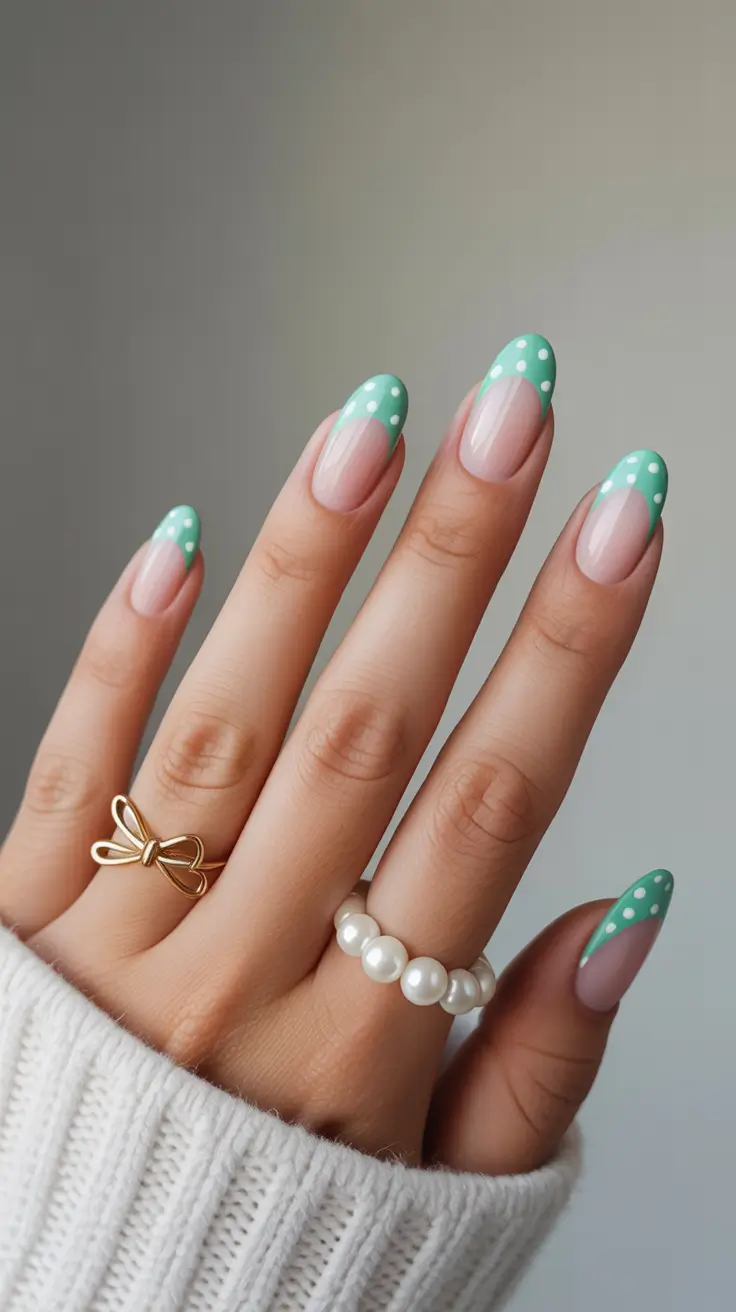 amazing spring almond nails 2026 Mint Almond Tips With Polka Dot Charm