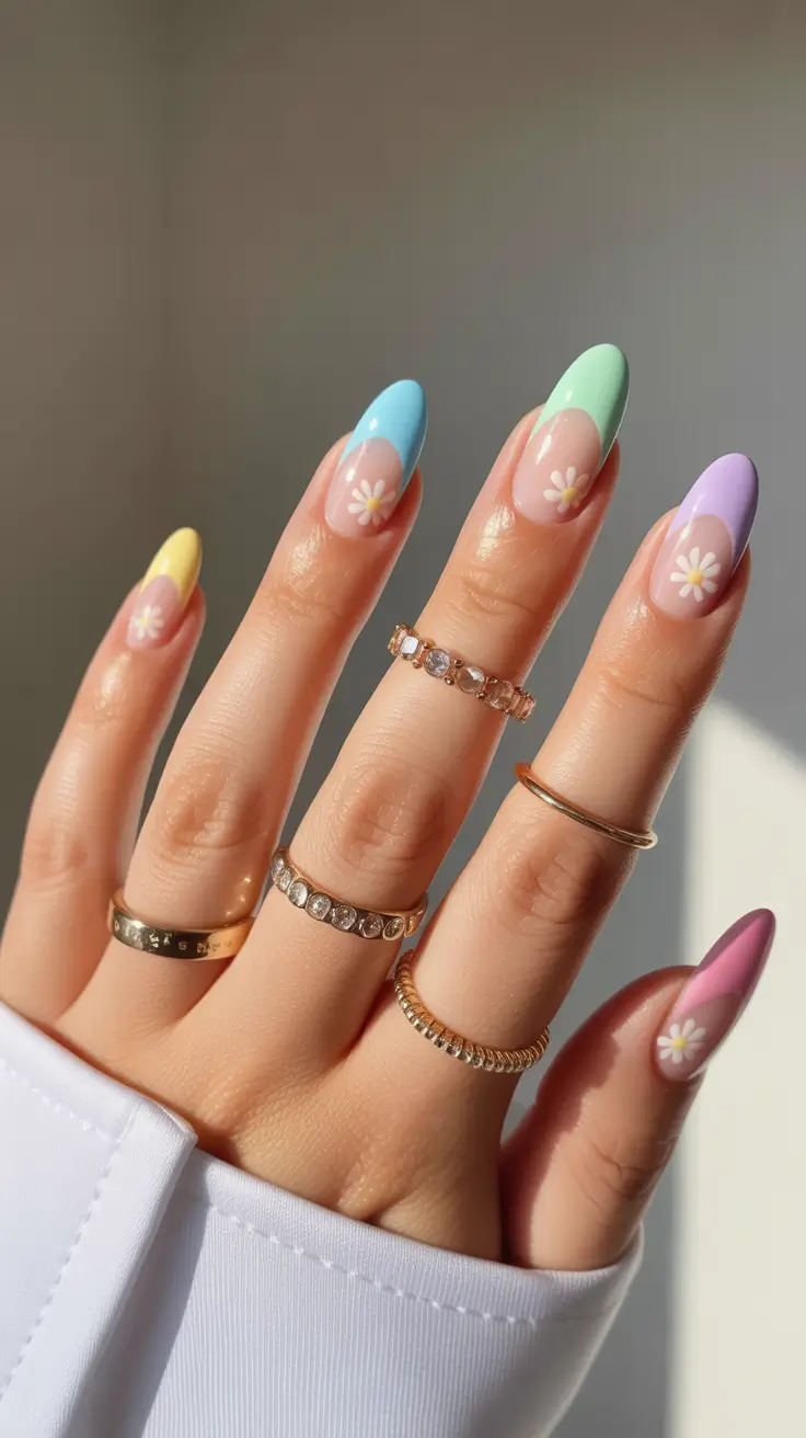 amazing spring almond nails 2026 Pastel Daisy Almond Nails With a Fresh Spring Glow