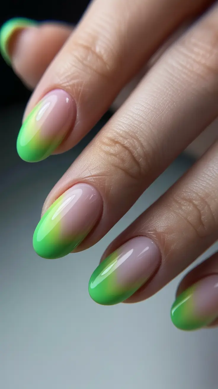 amazing spring almond nails 2026 Neon Green Ombre Almond Nails With a Modern Edge