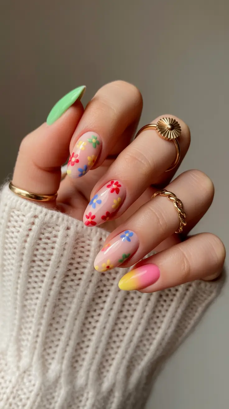 amazing spring almond nails 2026 Colorful Floral Almond Nails With Playful Details