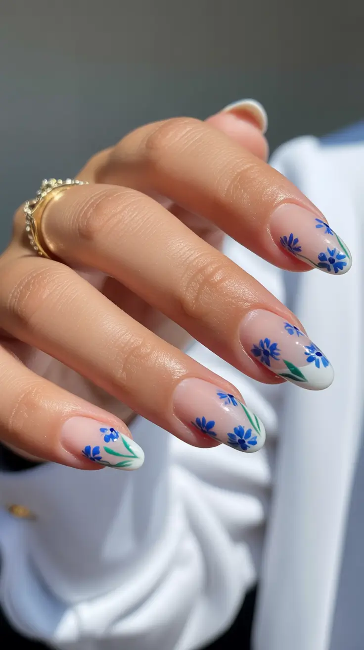 amazing spring almond nails 2026 Delicate Blue Floral Almond Nails With a Clean Finish