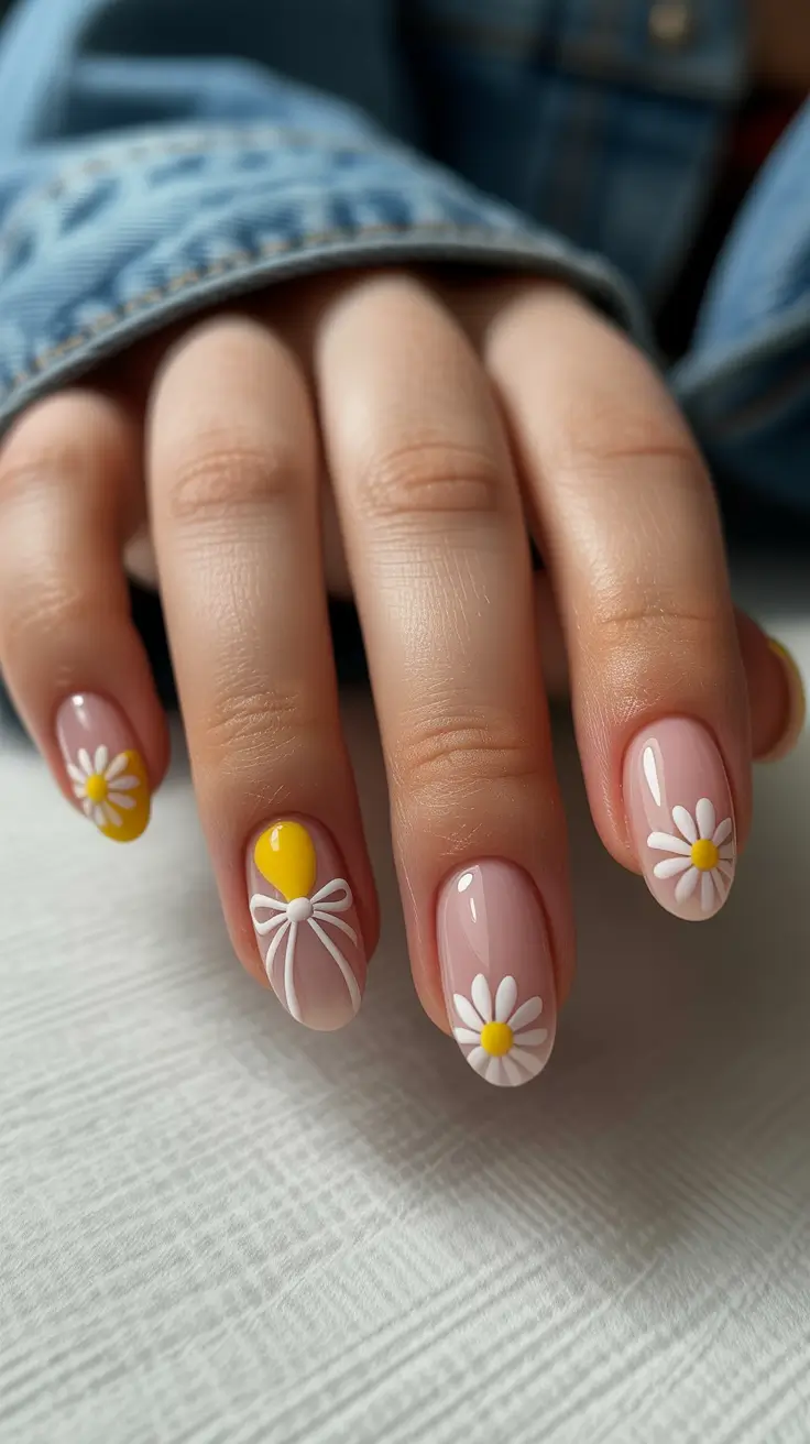 amazing spring almond nails 2026 Daisy Accent Almond Nails With a Soft Yellow Pop