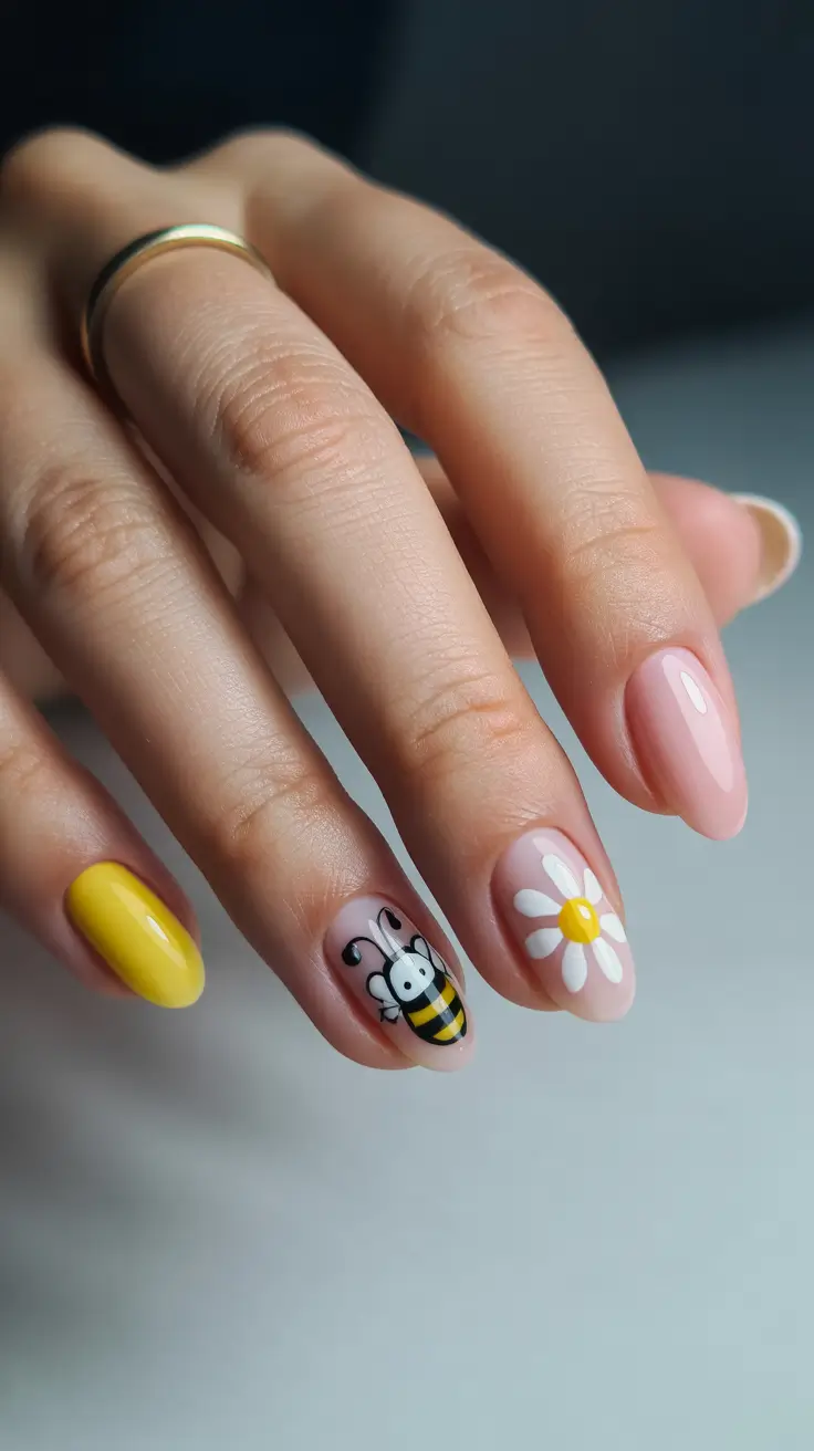 amazing spring almond nails 2026 Playful Bee and Daisy Almond Nails