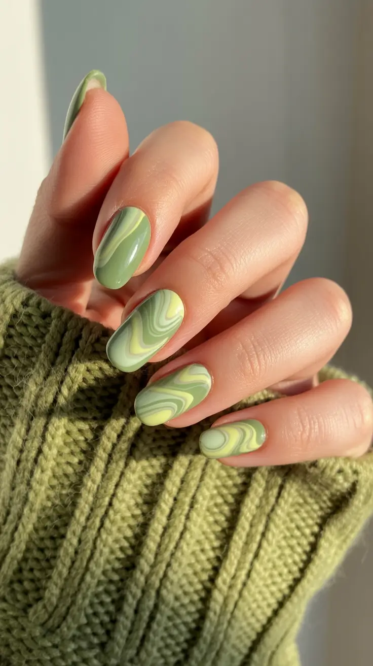 amazing spring almond nails 2026 Green Marble Almond Nails With a Calm, Earthy Feel