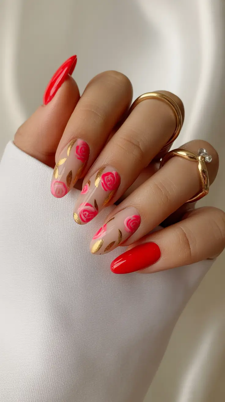 amazing spring almond nails 2026 Red Rose Almond Nails With Gold Accents