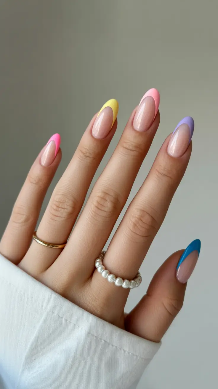 amazing spring almond nails 2026 Playful Pastel French With Color-Blocked Tips