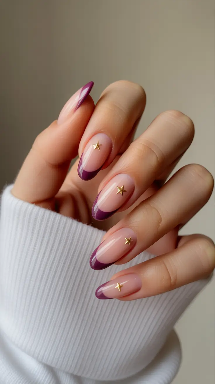 amazing spring almond nails 2026 Plum French Almond Nails With Star Details