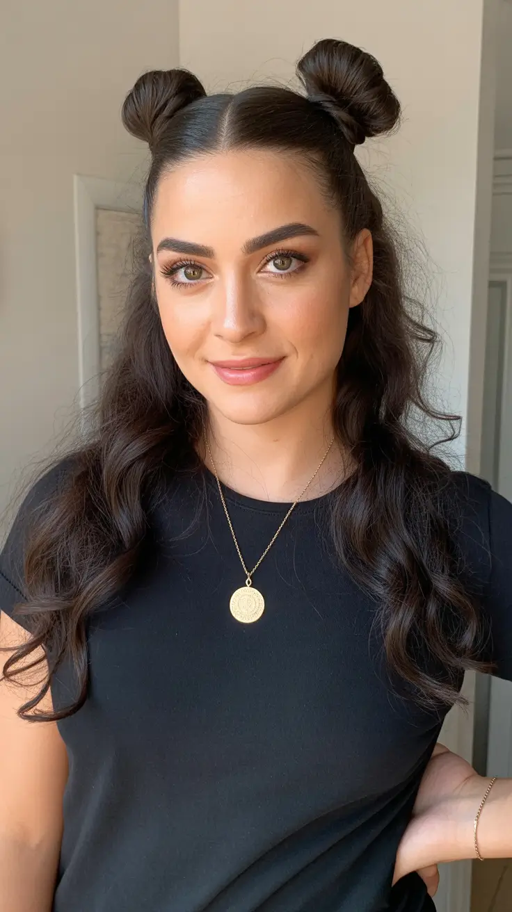 april hair color ideas 2026 Glossy Midnight Brunette with Playful Space Buns
