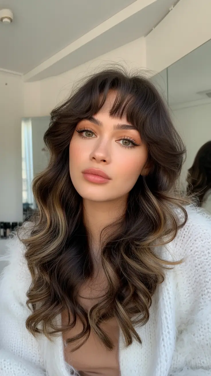 april hair color ideas 2026 Soft Brunette Waves with Dimensional Contour Highlights