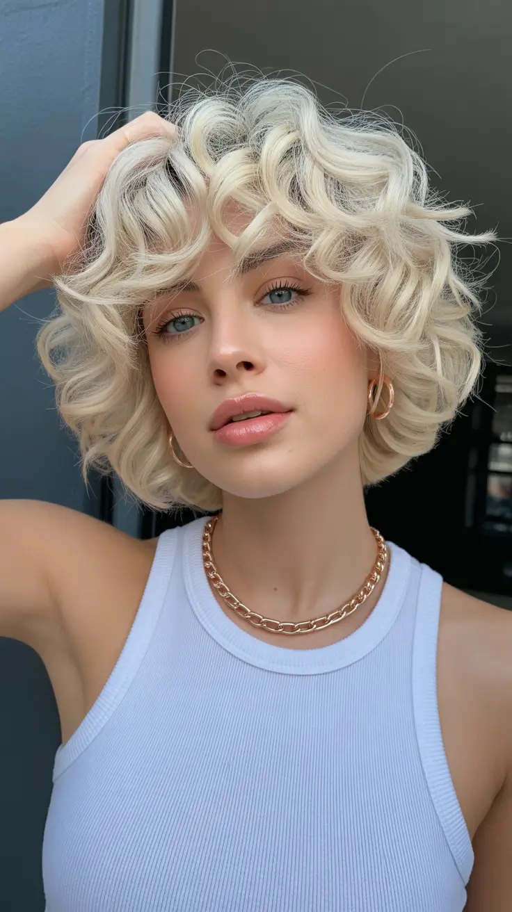 april hair color ideas 2026 Cool Icy Blonde Curls with Modern Platinum Shine