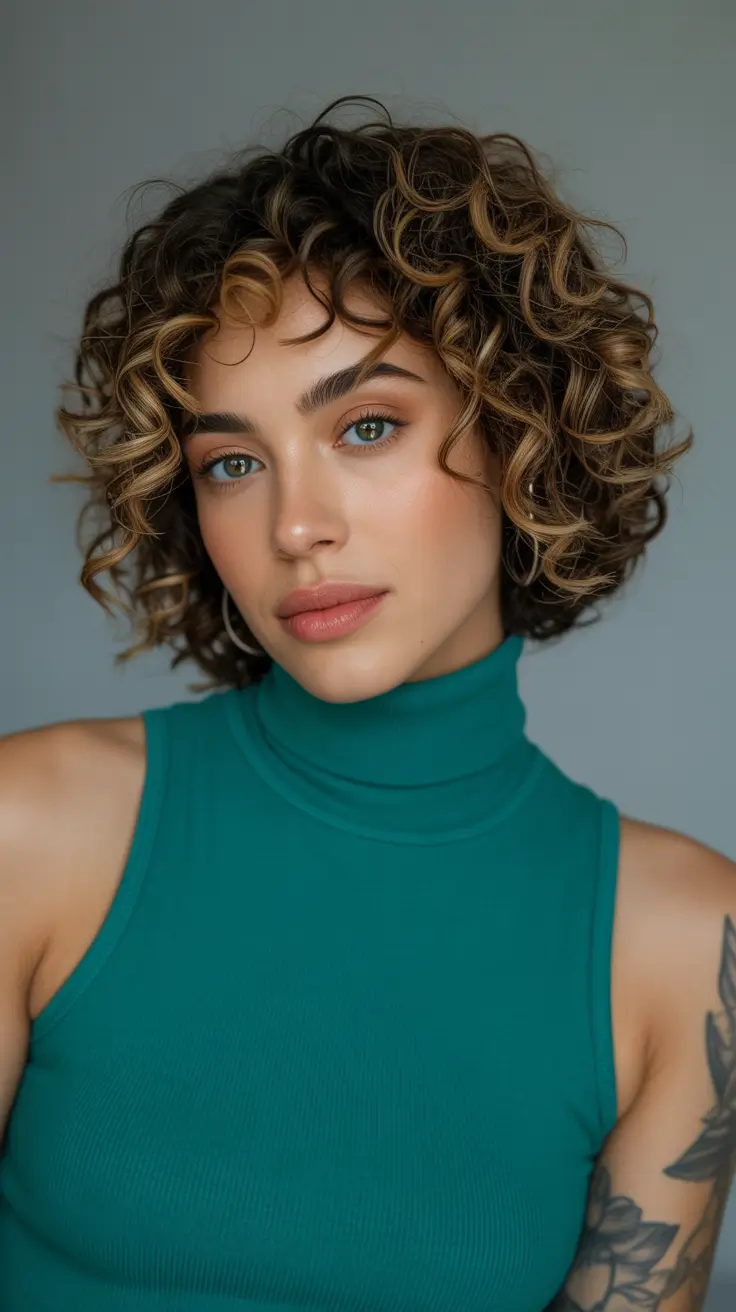 april hair color ideas 2026 Chocolate Brown Curls with Golden Ribbon Highlights