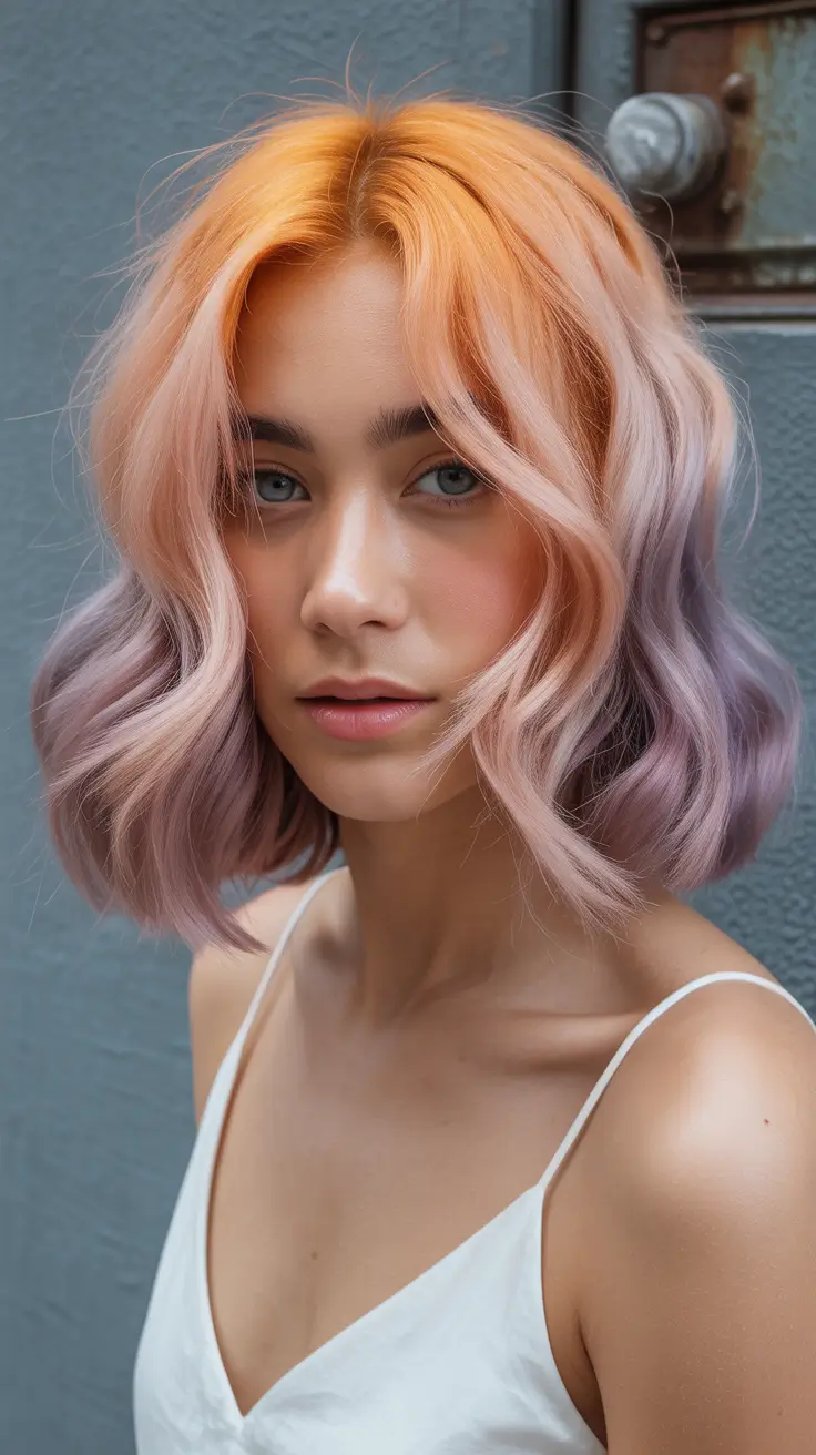 april hair color ideas 2026 Peach Lavender Ombre with Playful Spring Softness