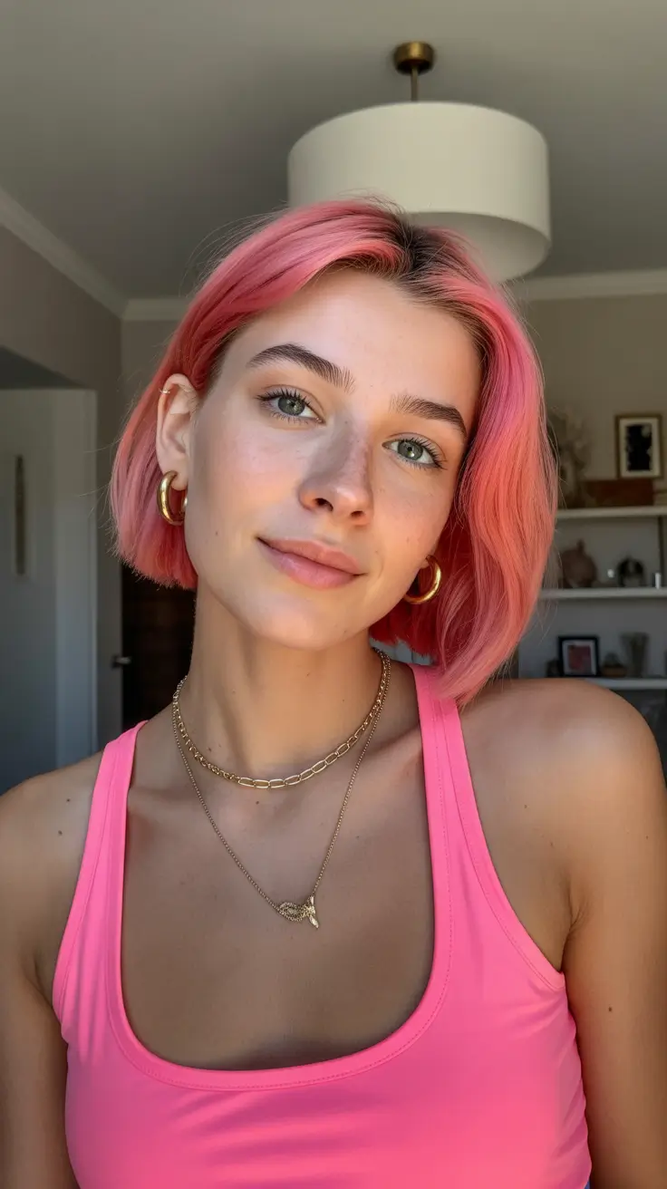 april hair color ideas 2026 Playful Coral Pink Bob with Fresh Spring Energy