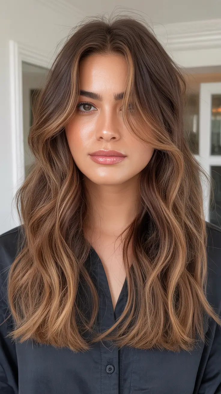 april hair color ideas 2026 Caramel Beige Balayage with Dimensional Spring Light