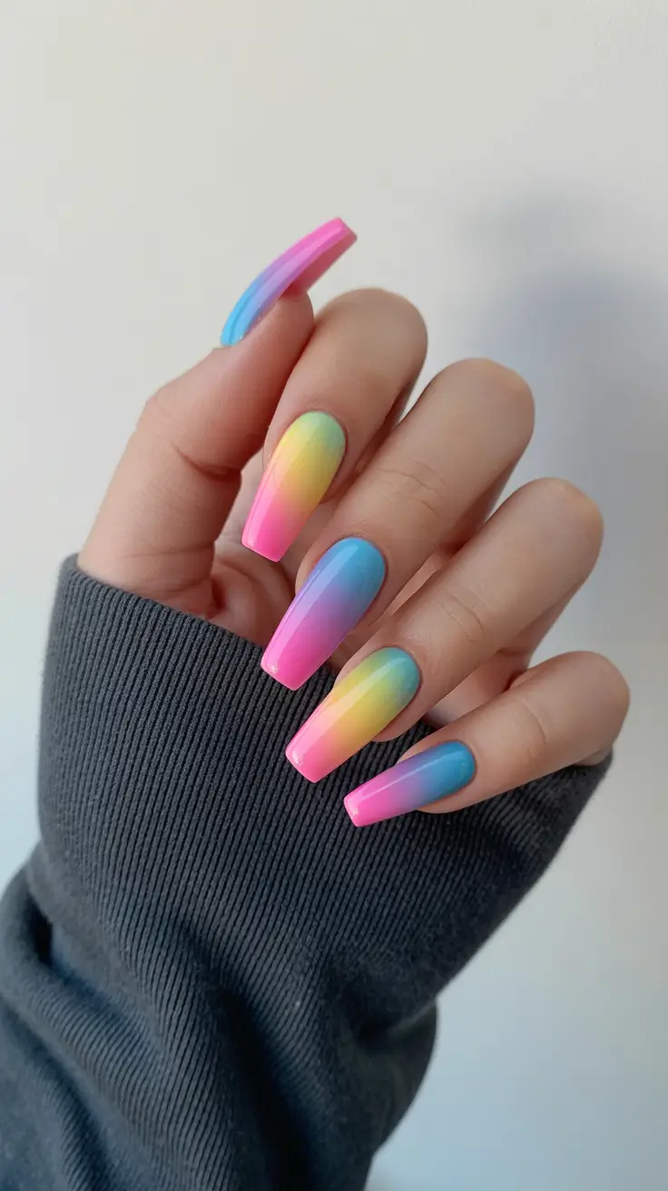 best summer nail colors ideas 2026 Rainbow Ombre Acrylic for Bold Summer Mood