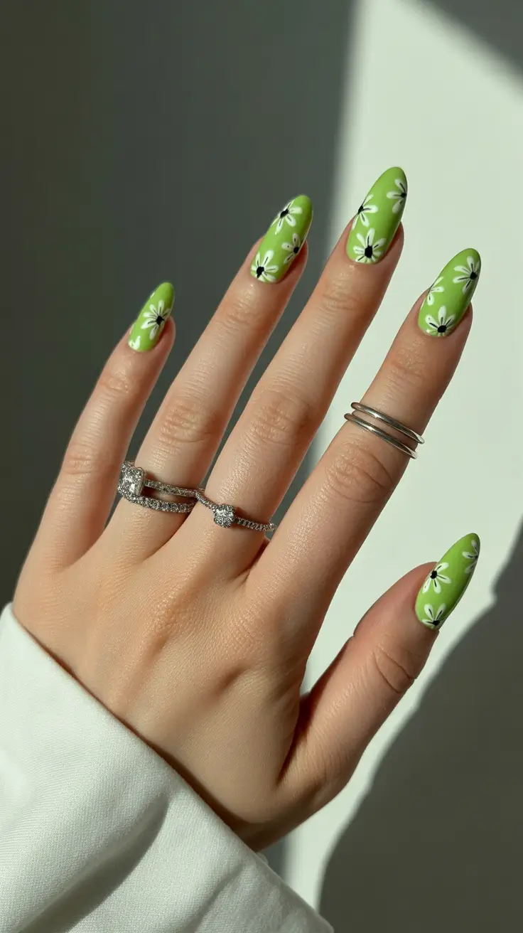 best summer nail colors ideas 2026 Fresh Lime Daisy Nails for Playful Summer Charm