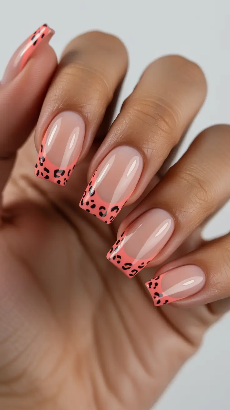 best summer nail colors ideas 2026 Coral Leopard French for Bold Summer Glam
