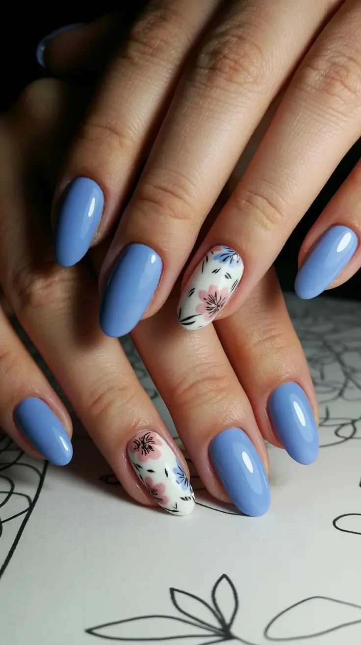 best summer nail colors ideas 2026 Powder Blue Floral Accent for Soft Summer Elegance