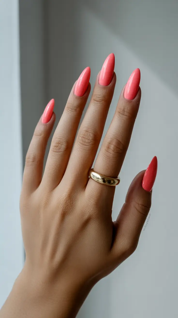 best summer nail colors ideas 2026 Juicy Coral Statement in a Sleek Almond Silhouette