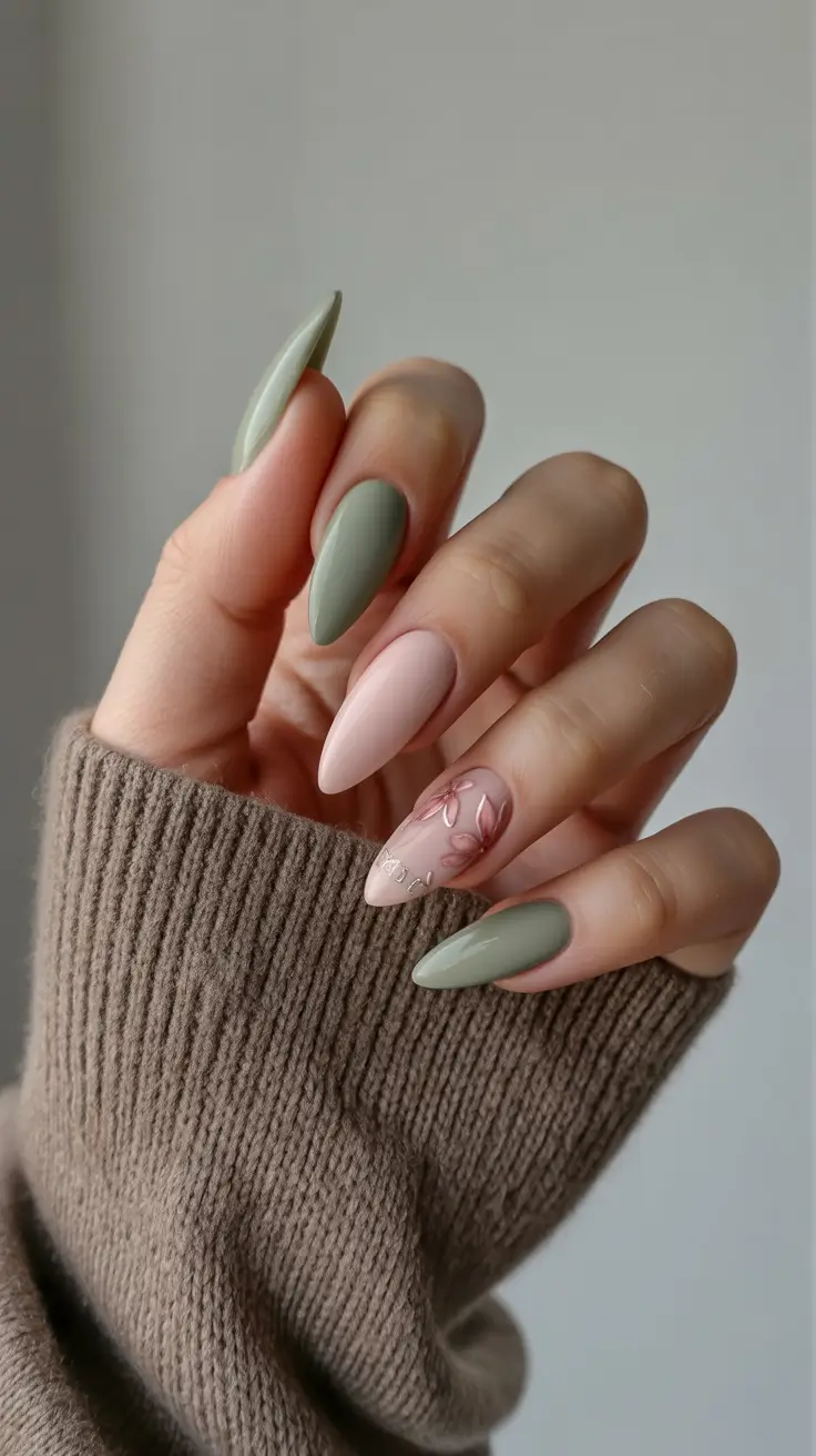 best summer nail colors ideas 2026 Soft Botanical Combo with Minimal Floral Accent
