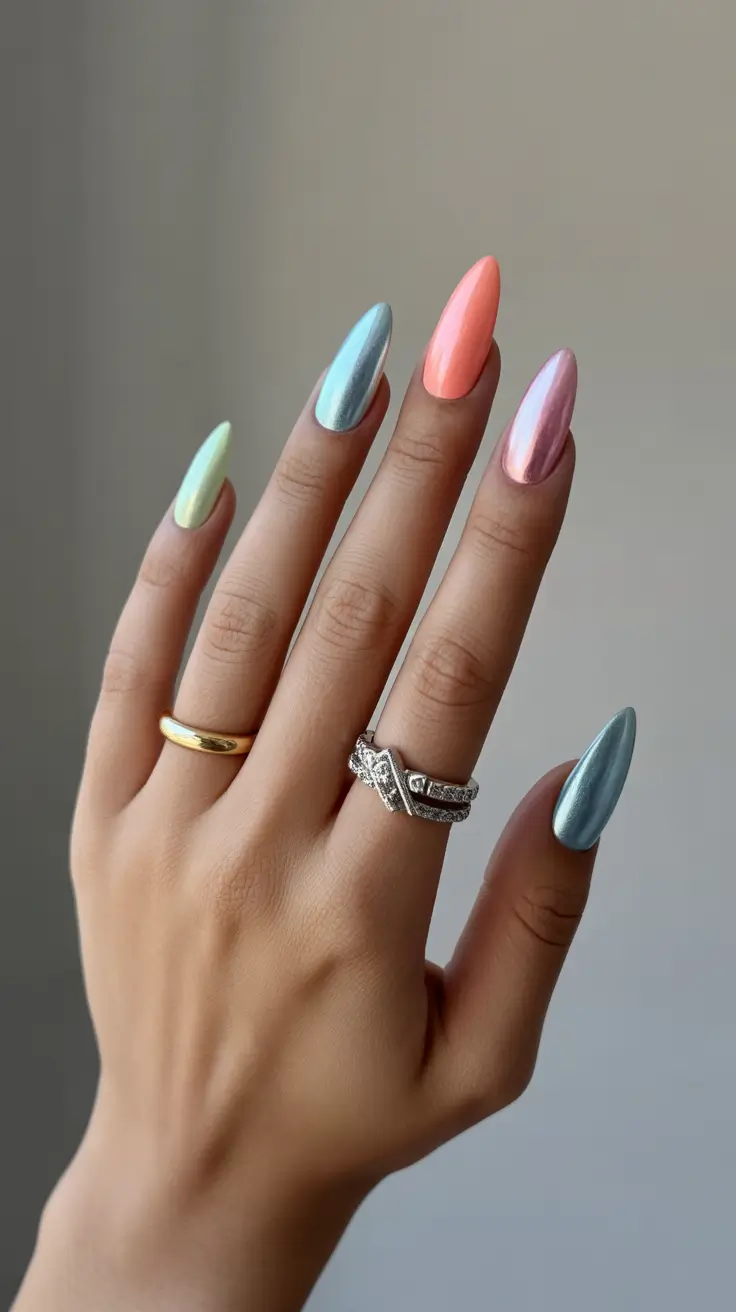chrome spring nails almond Pastel Mix Chrome That Feels Effortlessly Collected