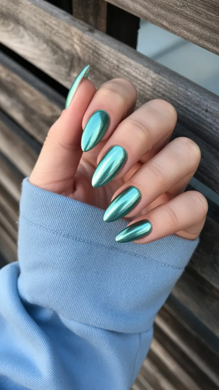 chrome spring nails green Deep Green Chrome with a Polished Edge