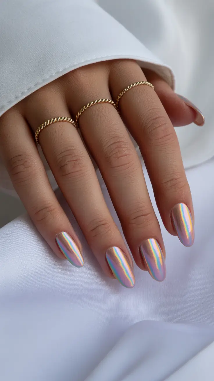 chrome spring nails 2026 Neutral Holographic Chrome with Golden Light