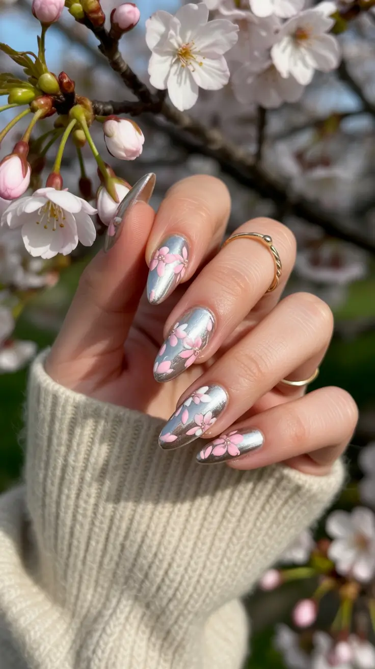 cute chrome spring nails 2026 Silver Florals with a Quiet Romantic Edge