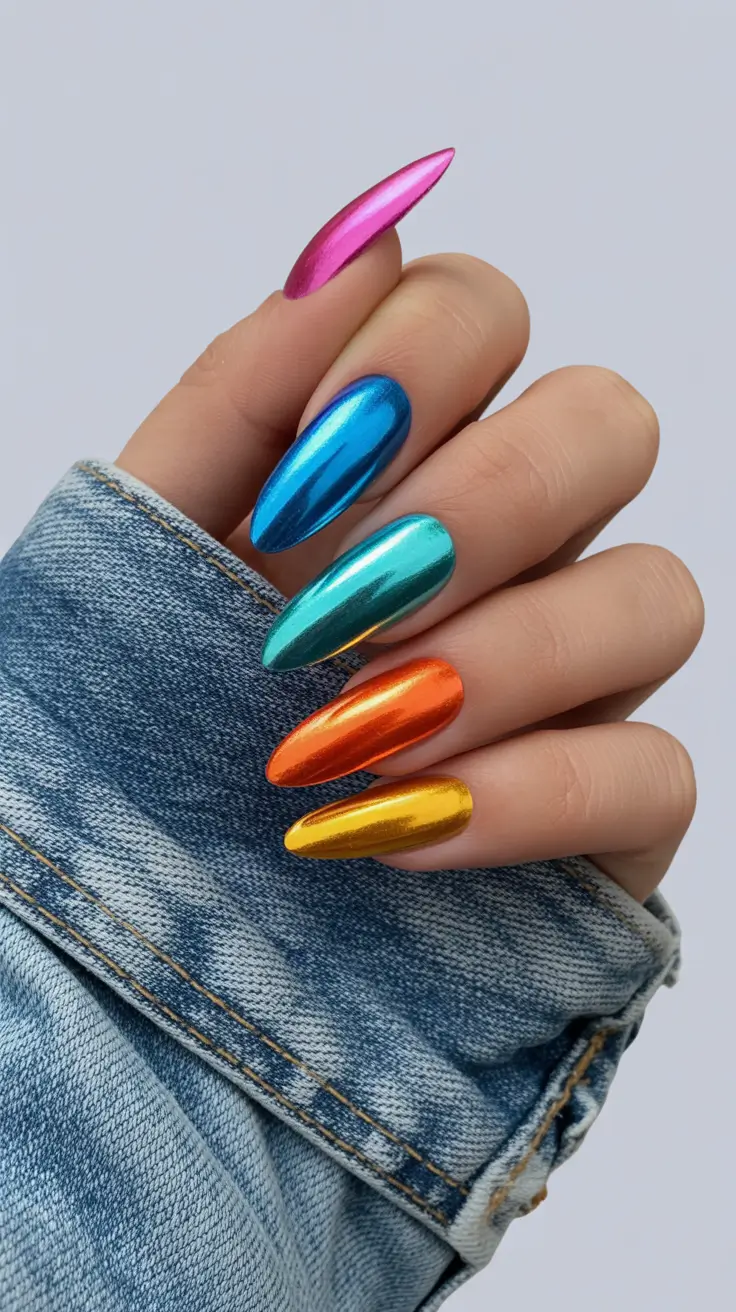 cute chrome spring nails 2026 Playful Color-Block Chrome Energy