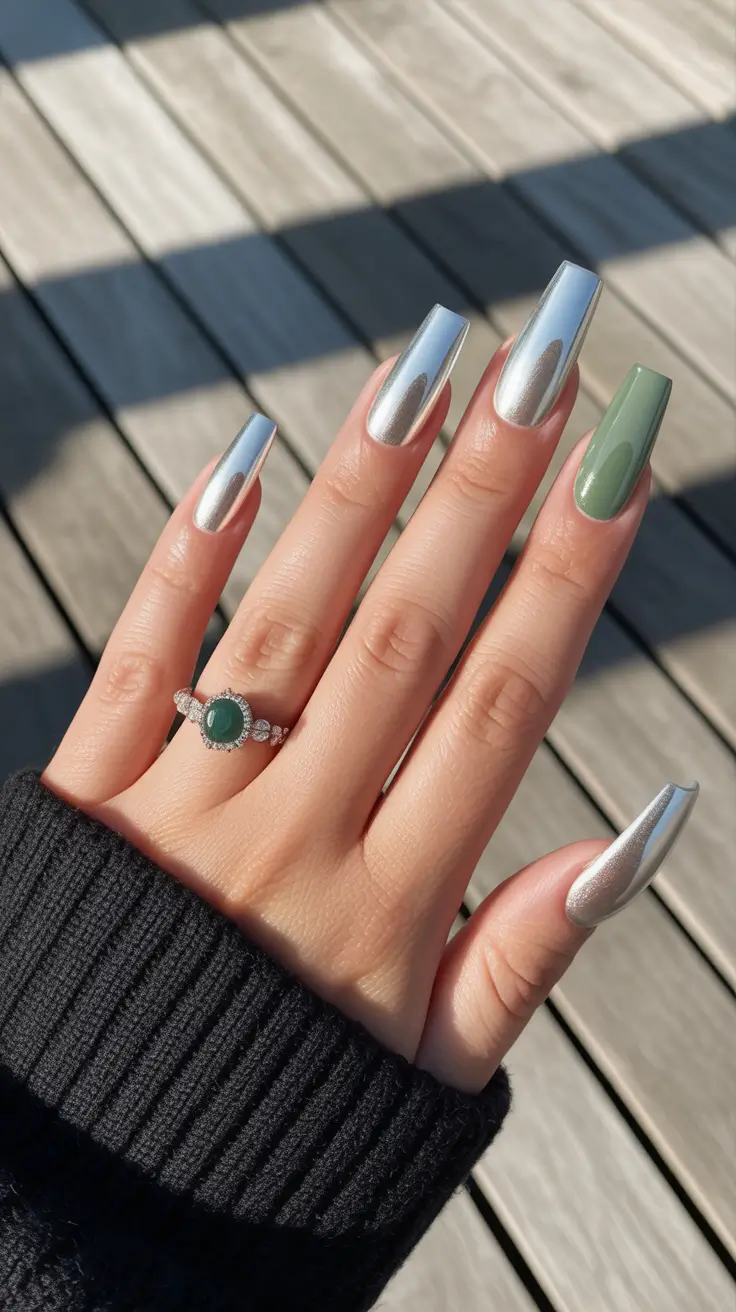 chrome spring nails 2026 Cool Silver and Green Balance for Early Spring Days